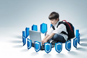 schoolboy use laptop, 3d shields background